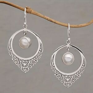 Silver Pearl Round Filigree Dangle Earrings